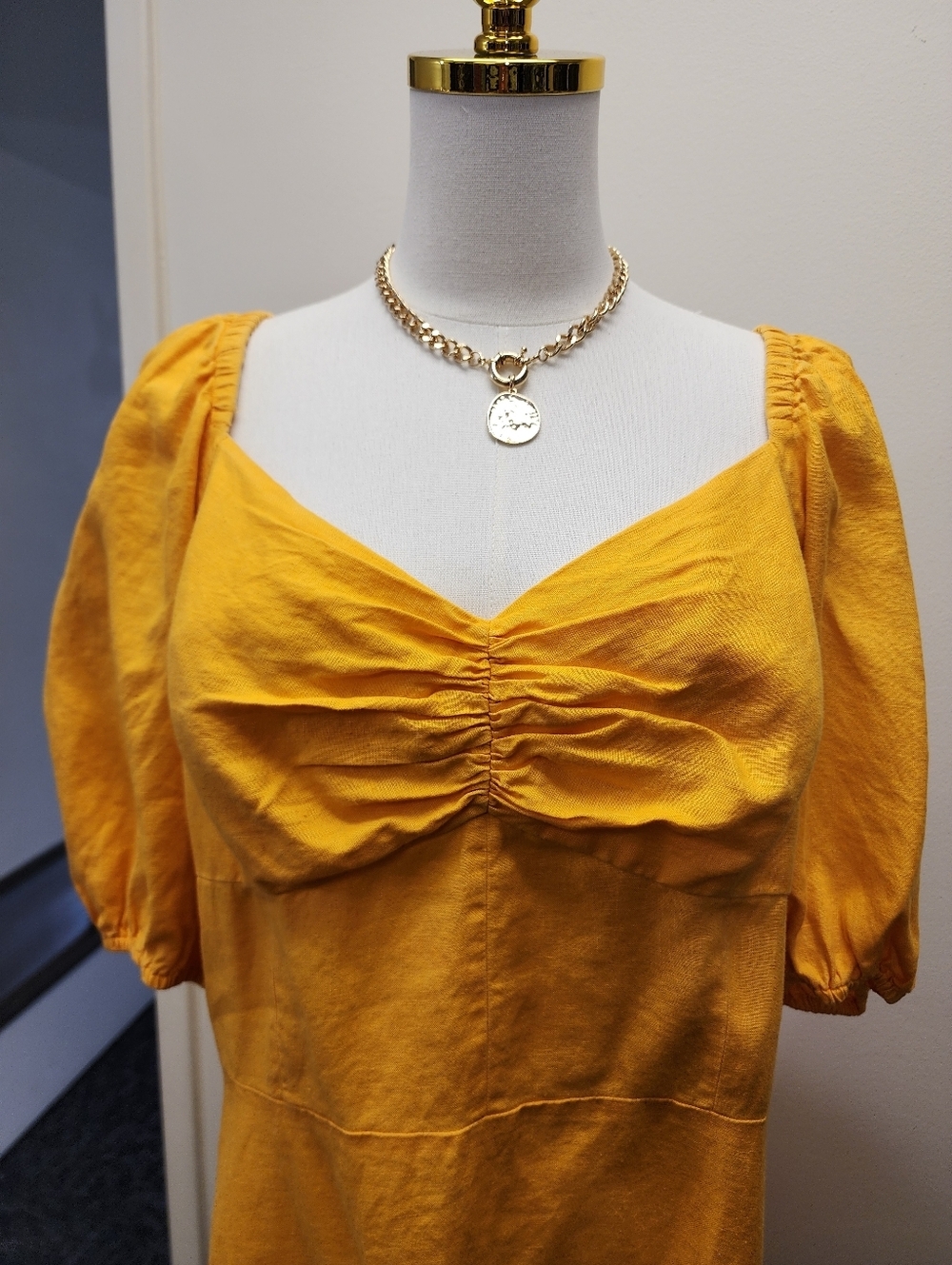 The Drop Mustard Yellow Midi Dress Puff Sleeve Ruched Bust Spring Dress Size XL - Picture 6 of 8